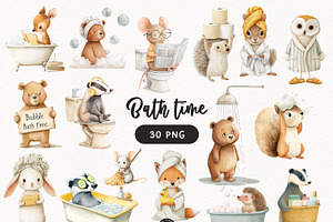 Cute Bath time Clipart- Woodland PNG, an Animal Illustration by PaintPixelCo