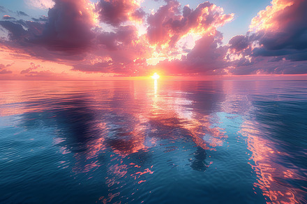 Stunning Pink-Purple Sunrise on the Kiev Sea with Reflective Clouds and Calm Wa, a Photo by AS photostudio