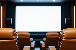 Empty comfortable seats in a cinema facing a large blank white screen., an Arts & Entertainment Photo by AlyaAnd