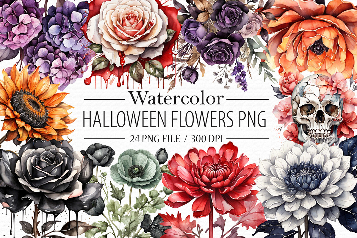Watercolor Halloween Flowers Clipart, an Illustration by Libby Wishes (Photo 1 of 3)