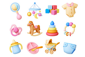 Baby care 3d elements. Stroller toys, an Object Illustration by Valerie Bodnar