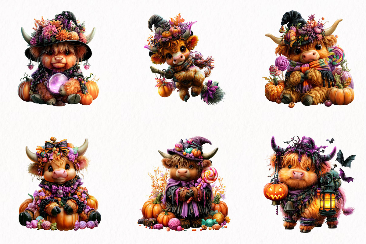 Halloween Highland Cow Clipart, a Seasonal Illustration by fashionaddict (Photo 3 of 7)