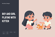 Boy and Girl Playing with Kitten, an Animal Illustration by Partikusi Design (Thumbnail 1 of 3)