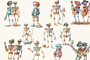 Watercolor Cute Skeleton Clipart