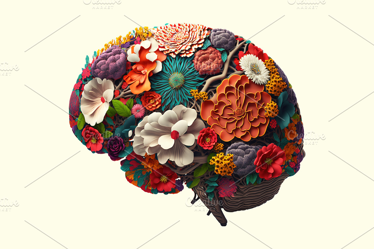 Brain made out of flowers. Generative AI, a Healthcare Illustration by bogdandimages