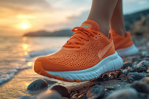 Bright orange sneakers on a rocky be, a Photo by Tanuart