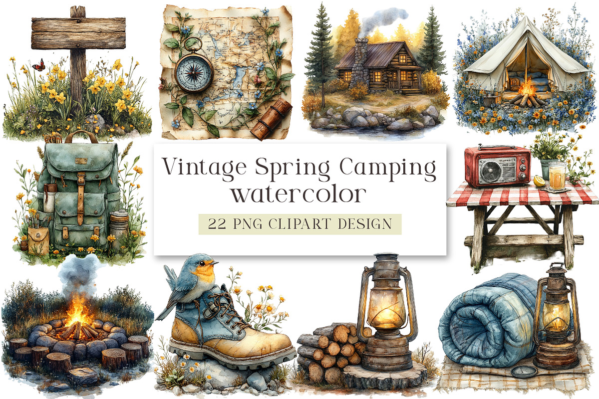 Vintage Spring Camping Clipart, a Seasonal Illustration by DreamArtGraphic (Photo 1 of 4)