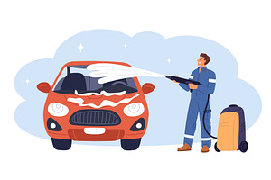 Car wash worker cleaning auto with, a Transportation Illustration by Vectorbuum