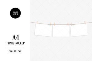 A4 prints mockup with clothespins