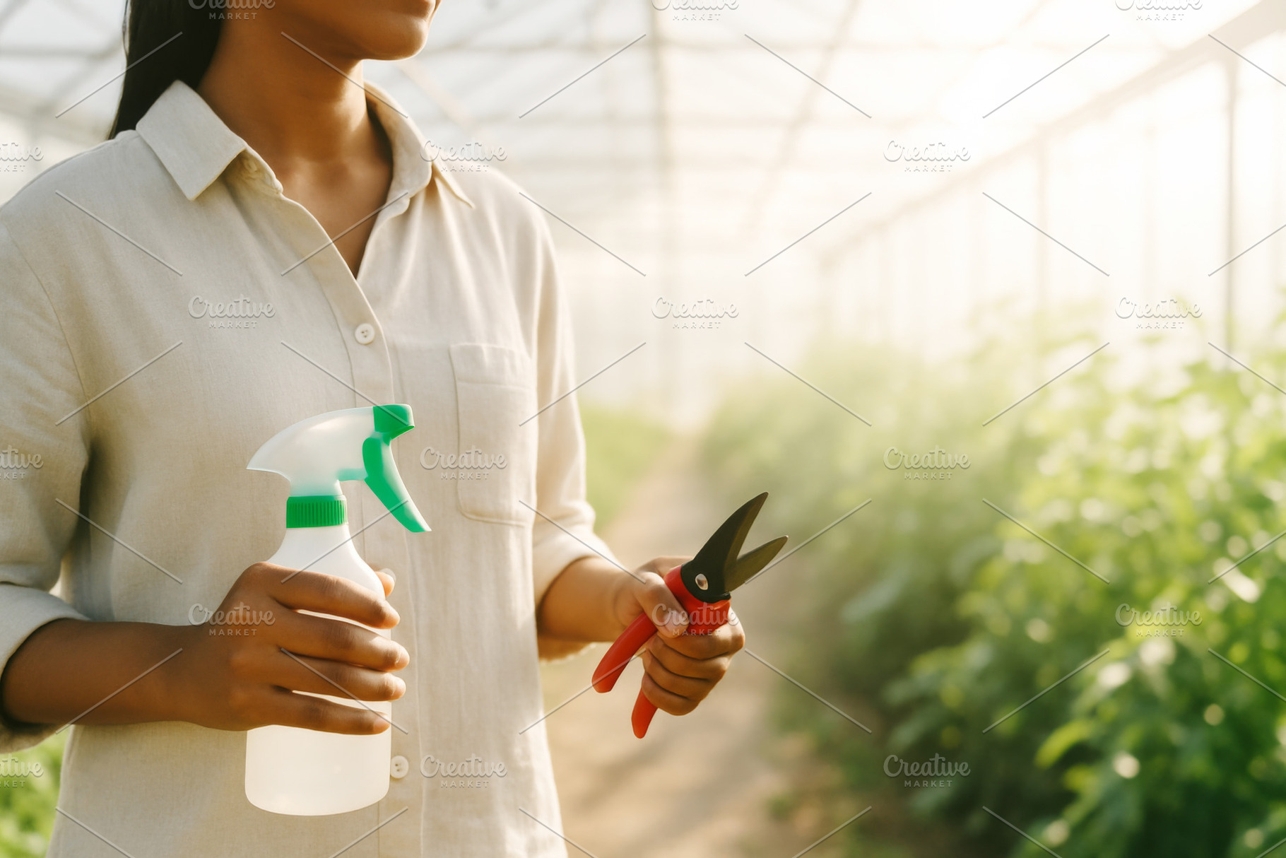 Woman farmer holding spray bottle and shears in greenhouse, inte, a Photo by Dvoevnore photos