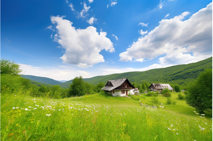 Village blue sky field. Generate Ai, a Nature Photo by Ylivdesign