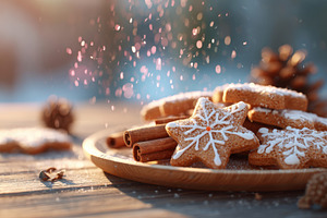 Festive gingerbread cookies on a wooden plate, a Food & Drink Photo by AlyaAnd