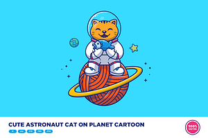 Cute Astronaut Cat On Planet Cartoon