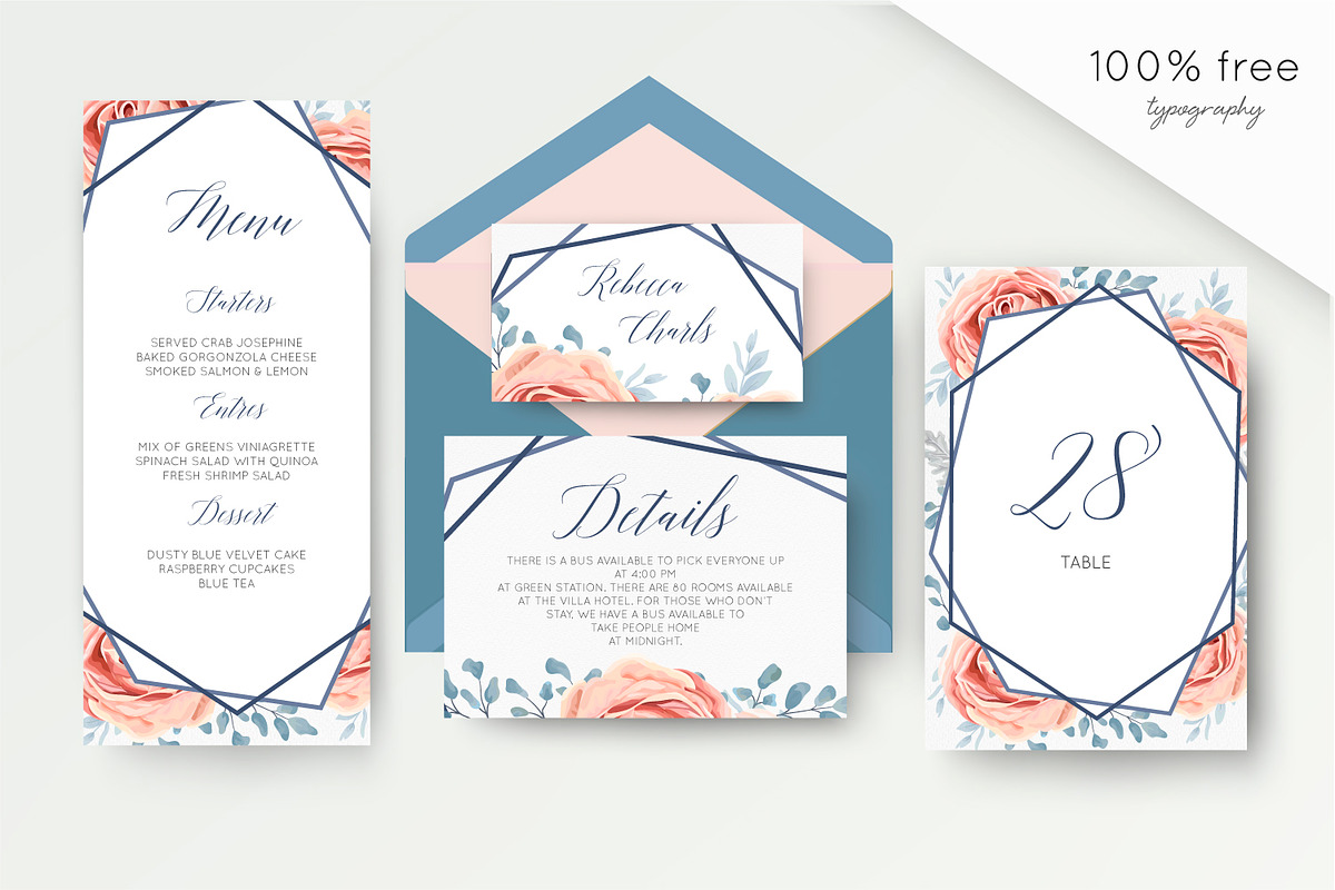 Wedding suite - Dusty blue & rosy, an Invitation Template by Alewiena (Photo 3 of 5)