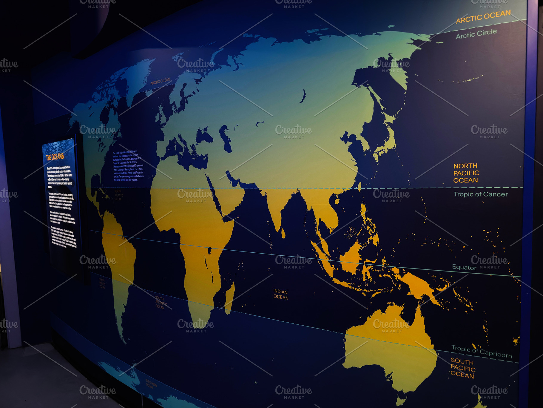 Large world map wall display showing oceans, tropic lines and ge, a Photo by AS photostudio