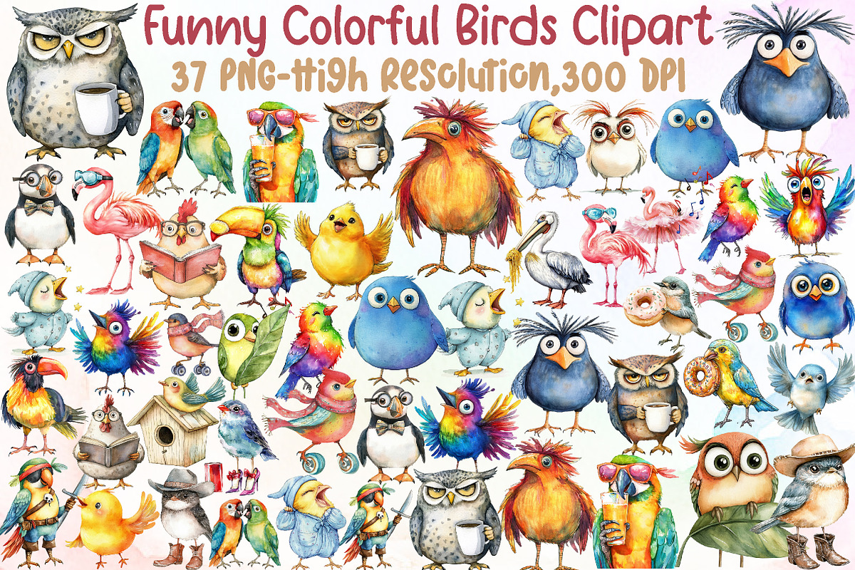 Funny Colorful Birds Watercolor Clip, an Illustration by Sublimation Artist (Photo 1 of 6)