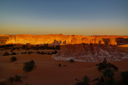 Sunrise at sandstone formation in the Sahara desert near Yoa Lake group of Ouni