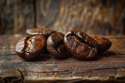 Coffee beans on wooden table, a Food & Drink Photo by AlyaAnd