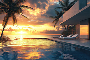 Stunning villa with glass windows and a tranquil swimming pool at sunset by the, an Arts & Entertainment Photo by AlyaAnd