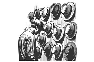 Man Choosing Hat From Vintage Hat, an Object Illustration by AlexArt