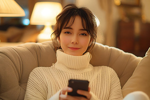 A young Asian woman relaxed on a cozy couch, smiling while using her smartphone, a Person Photo by ImageMir