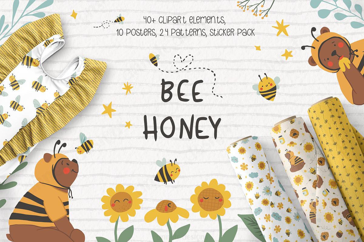 Cute bees, bears, flowers bundle, an Illustration by ann_etc (Photo 1 of 12)