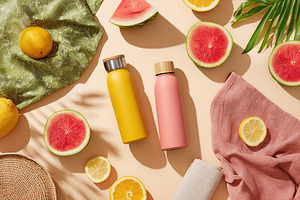 Enjoying a summer picnic with sliced fruit and reusable water bottles on a sunl, a Photo by AlyaAnd