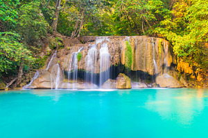 Beautiful waterfall in wild rainforest in Erawan National park,, a Nature Photo by Vapi