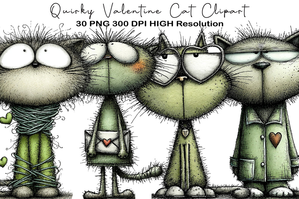Quirky Valentine Cat Clipart, an Illustration by Black Bird Studio (Photo 1 of 6)