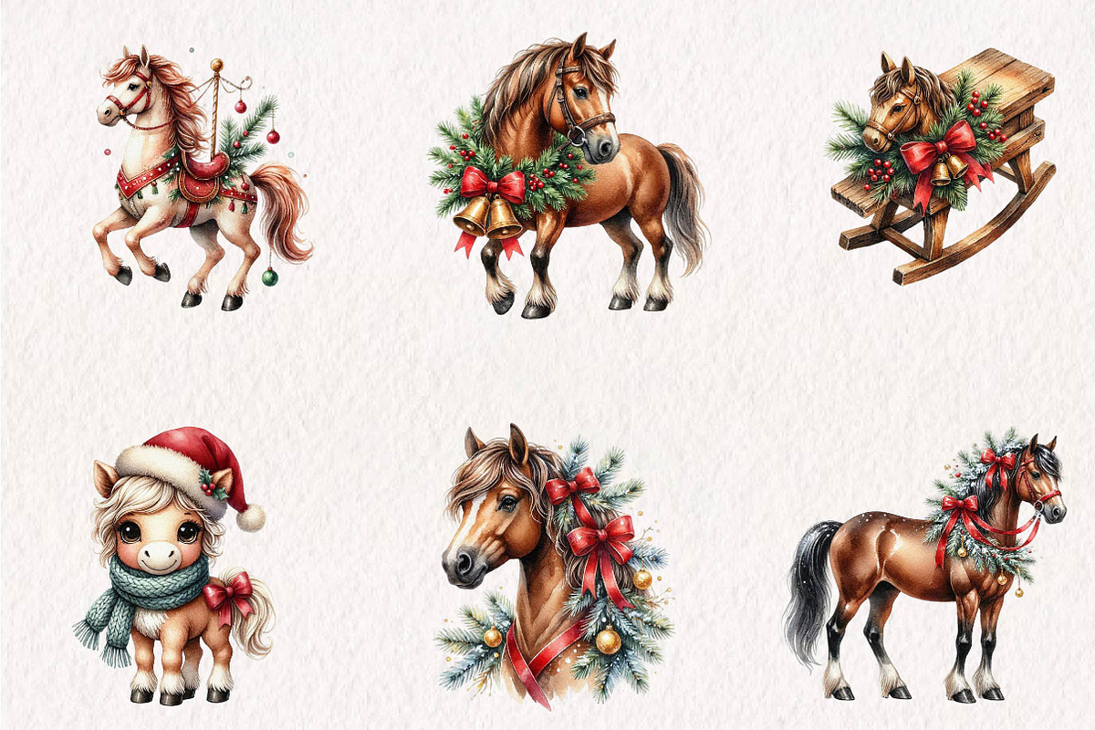 Watercolor Christmas Horse Clipart, a Seasonal Illustration by CreationArt (Photo 3 of 7)