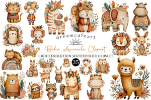 Watercolor Boho Animals Clipart, an Illustration by DreamCafeArt