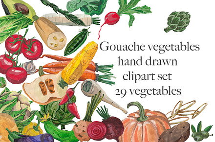 Vegetable set, hand drawings, gouach