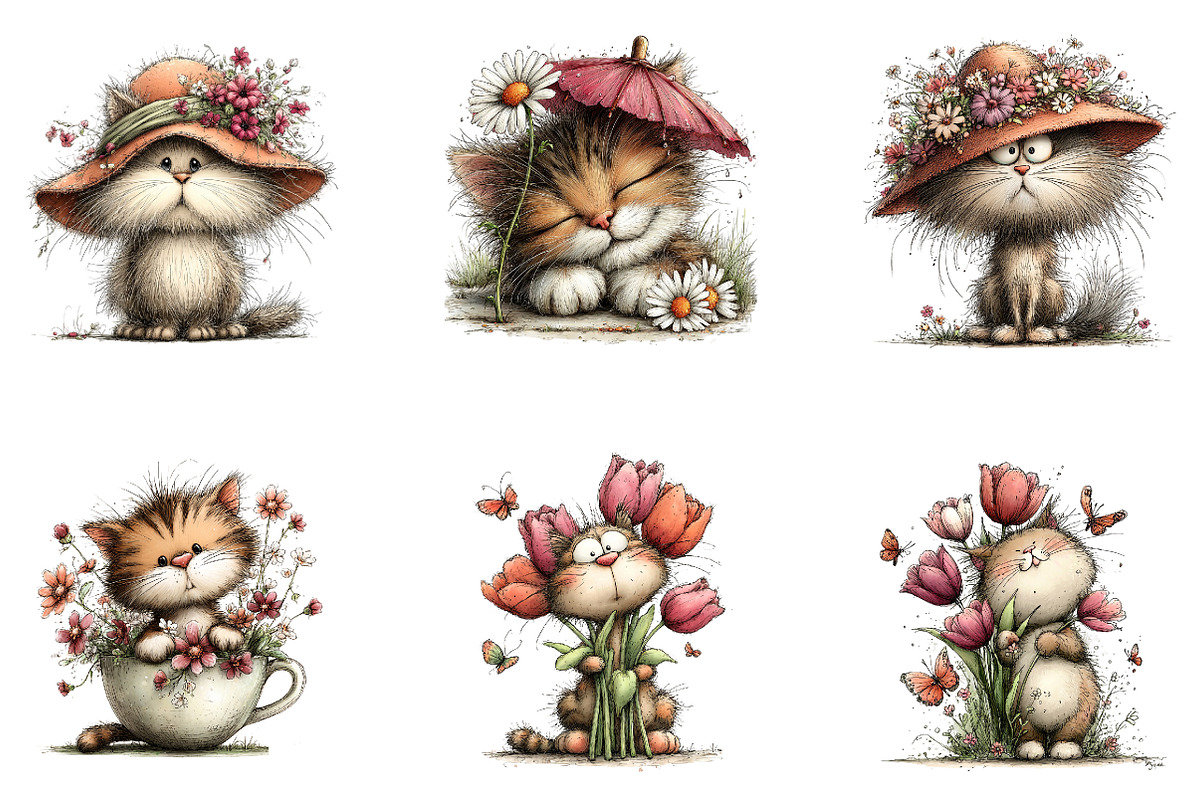 Whimsical cat pring floral clipart, an Illustration by CreationArt (Photo 5 of 7)