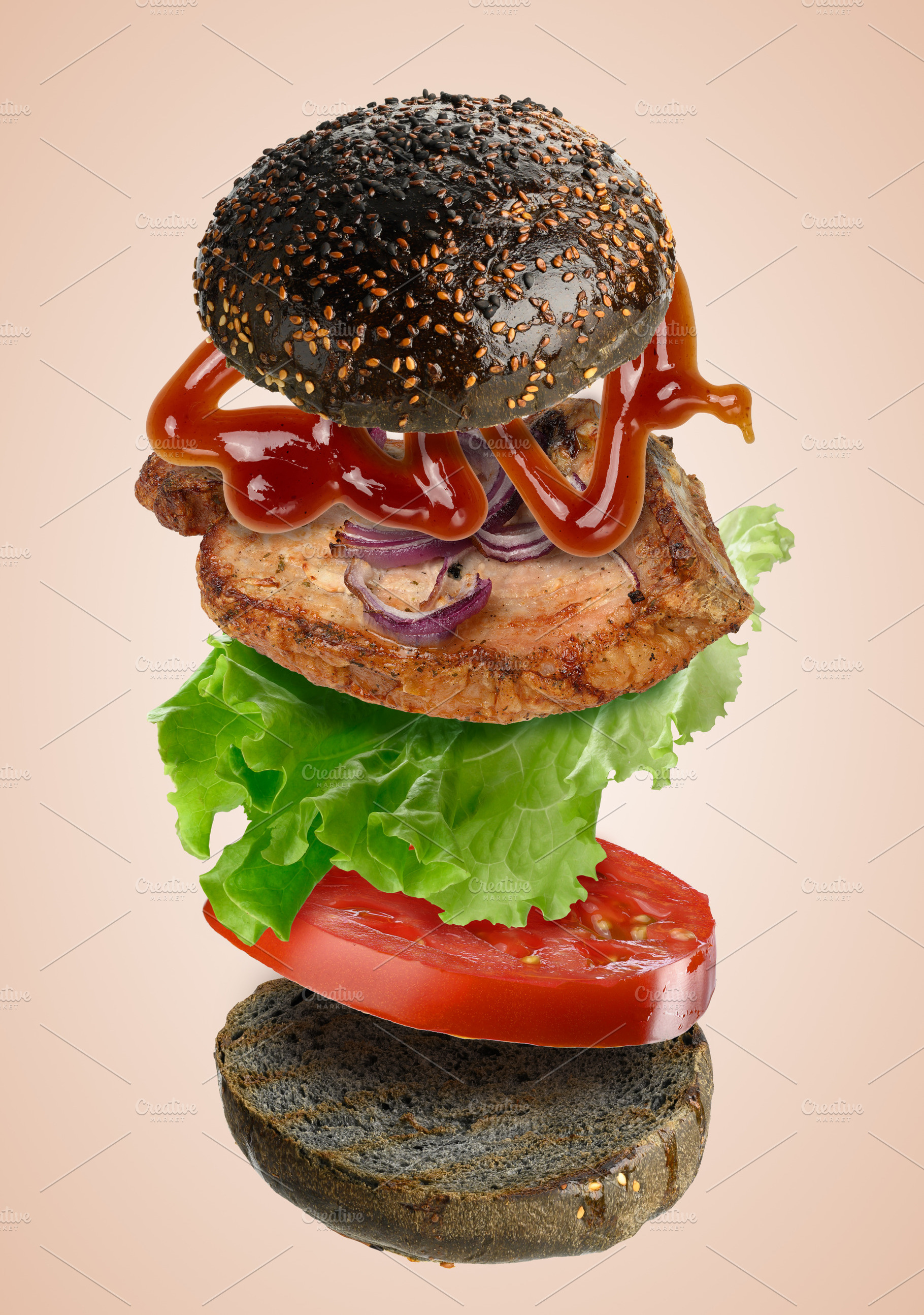 A levitating black burger with sesame seeds, a juicy fried patty, a Food & Drink Photo by ndanko