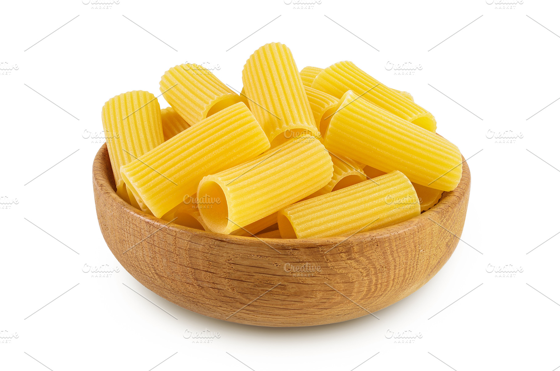raw italian Rigatoni pasta in wooden, a Food & Drink Photo by NataPhoto