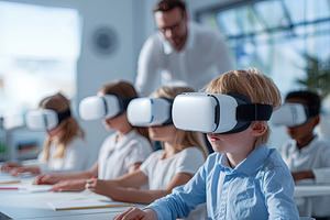Elementary students wearing VR headsets in a bright classroom, e, a Person Photo by Ales Munt