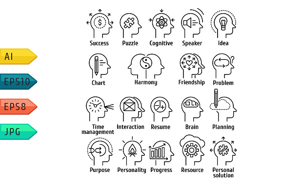 Icons Set Of Human Brain Working.