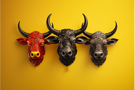 Three decorative bull heads showing, an Abstract Photo by Ylivdesign