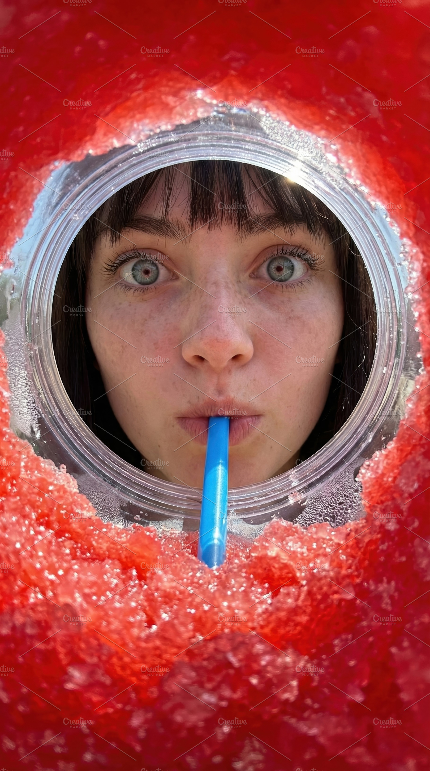 Playful Woman Drinking Red Slushie, a Person Photo by Virgo Studio