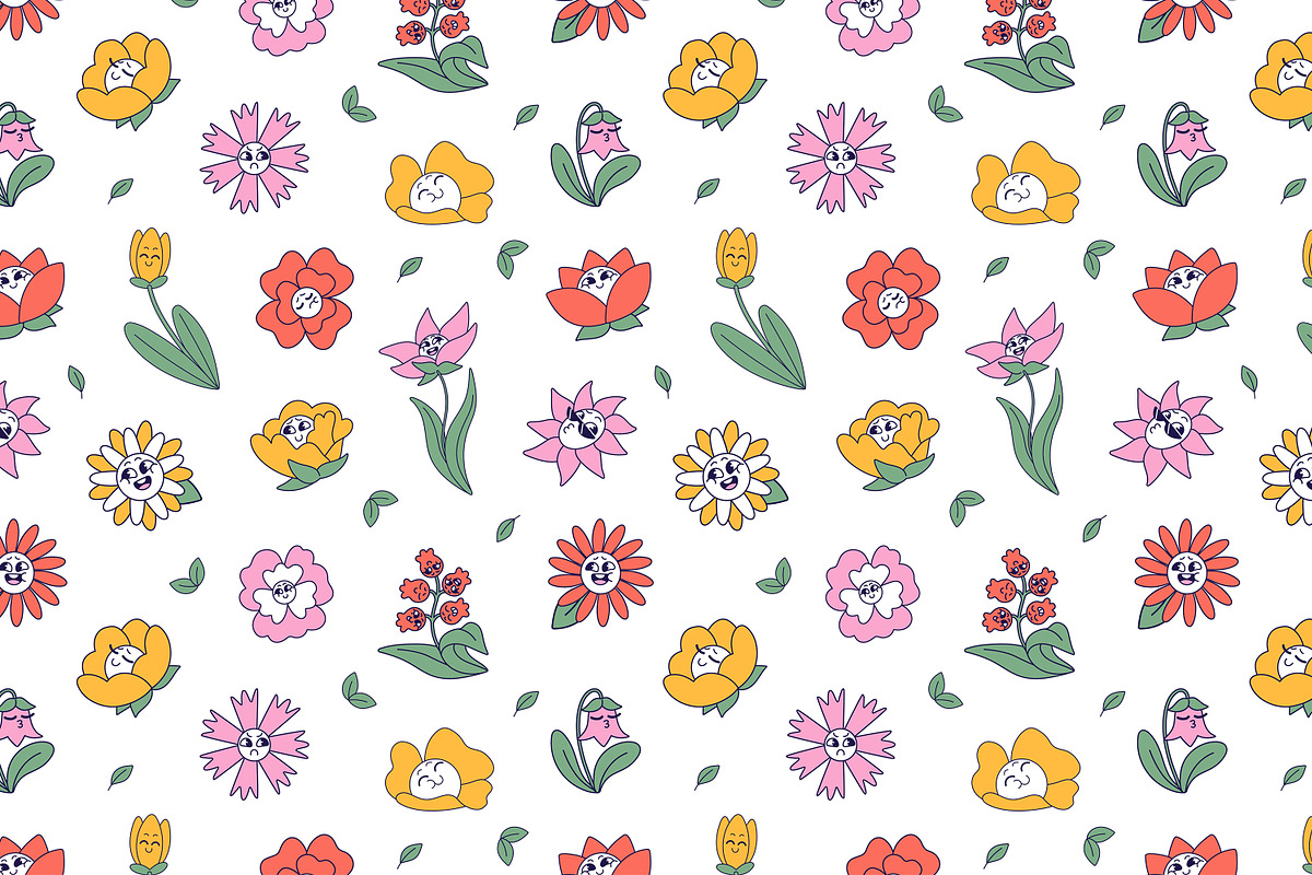Cute groovy flowers set, backgrounds, a Decorative Illustration by PaperTrident (Photo 6 of 8)