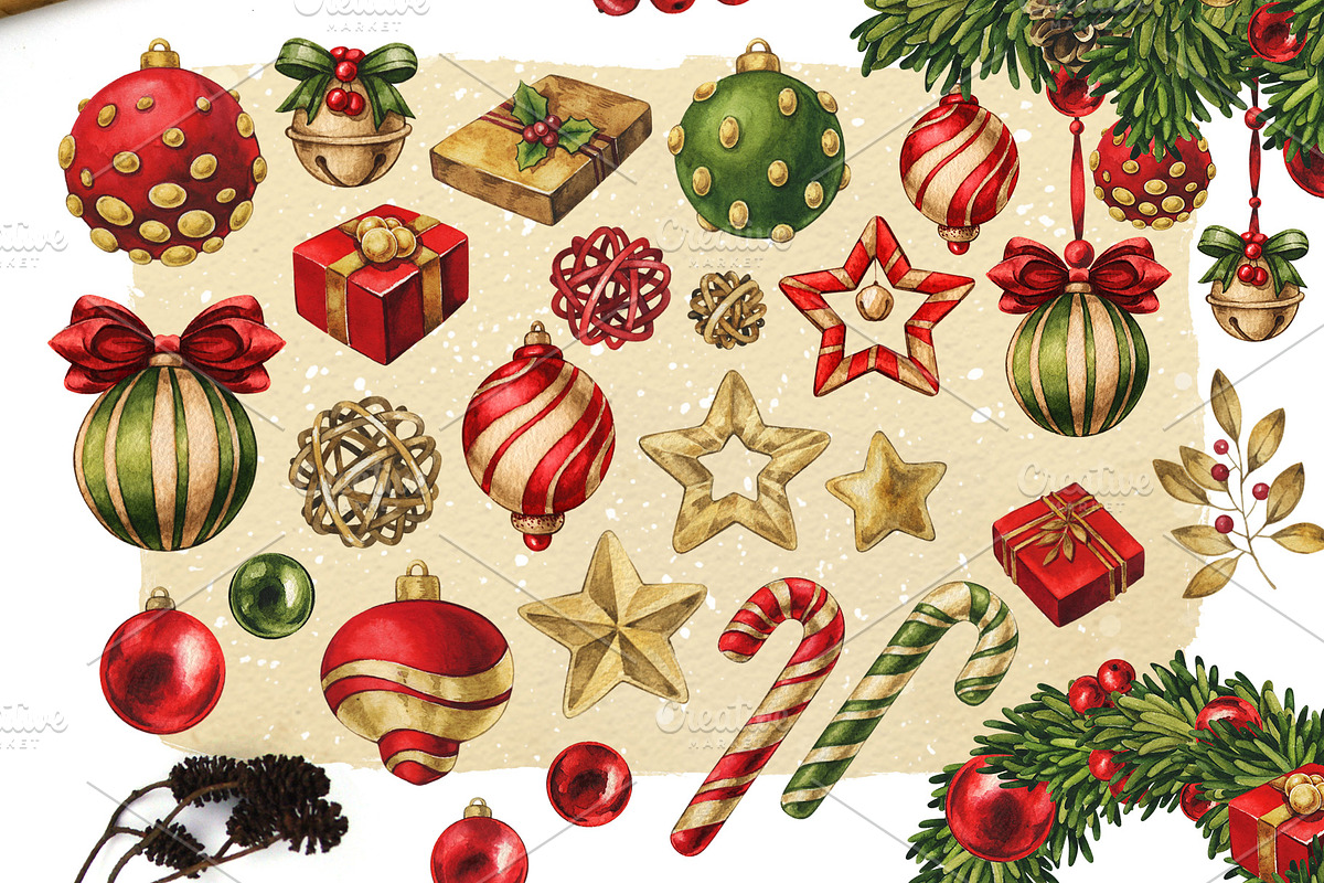 Vintage Christmas watercolor clipart, a Decorative Illustration by Color and Decor (Photo 6 of 7)
