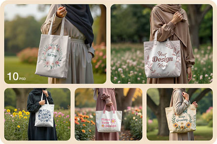 Women Holding Canvas Tote Bag Mockup, a Packaging Mockup by zphotographystudio