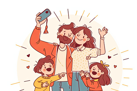 Happy family taking selfie together outdoors in cheerful illustration, an Illustration by AS photostudio
