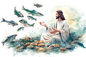 Jesus and disciples gathered sharing a fish in a biblical scene, a Person Photo by José Manuel Gelpi
