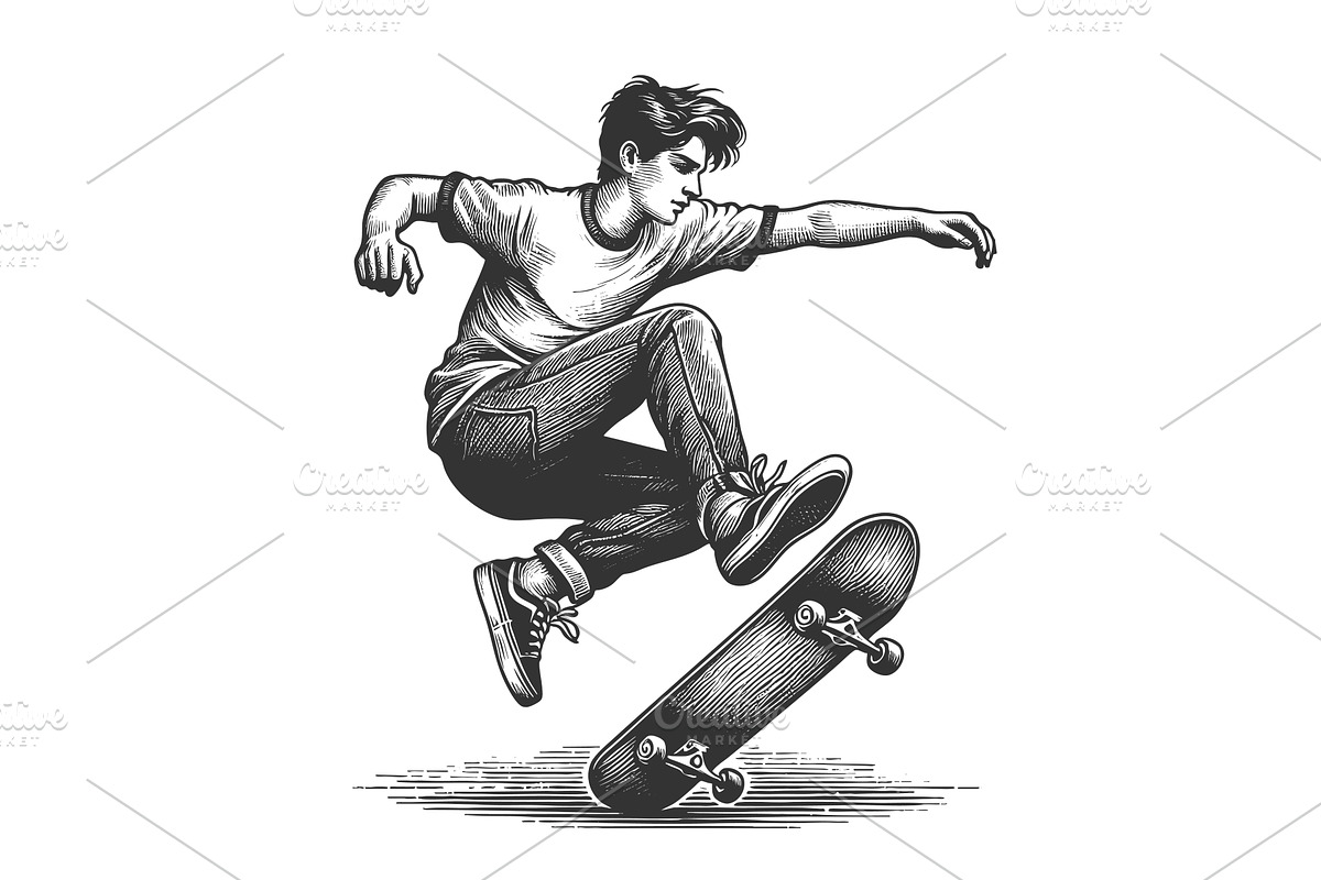 Teen Boy Doing Skateboard Trick Mid, a Sport Illustration by AlexArt