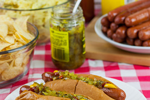 Grilled hot dogs on a picnic table stock photo containing american and bread