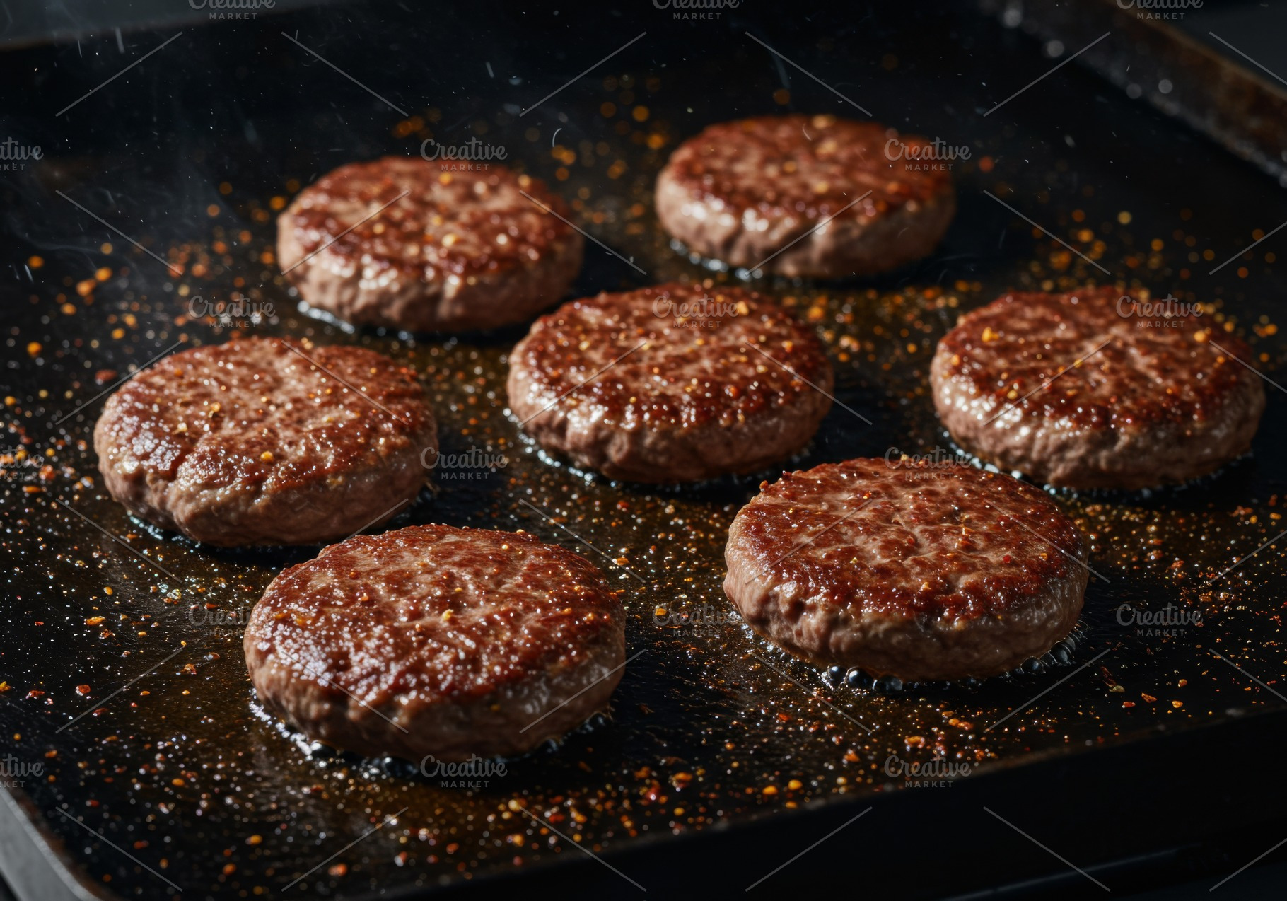 Juicy beef patties sizzling on a hot, a Food & Drink Photo by professorinc