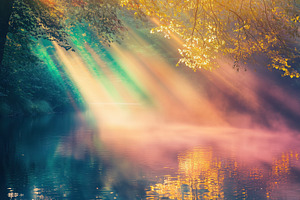 A serene river scene with colorful rays of sunlight streaming through trees, cr, a Photo by Textures & Backgrounds