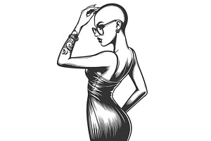 Bald Tattooed Woman In Glasses And