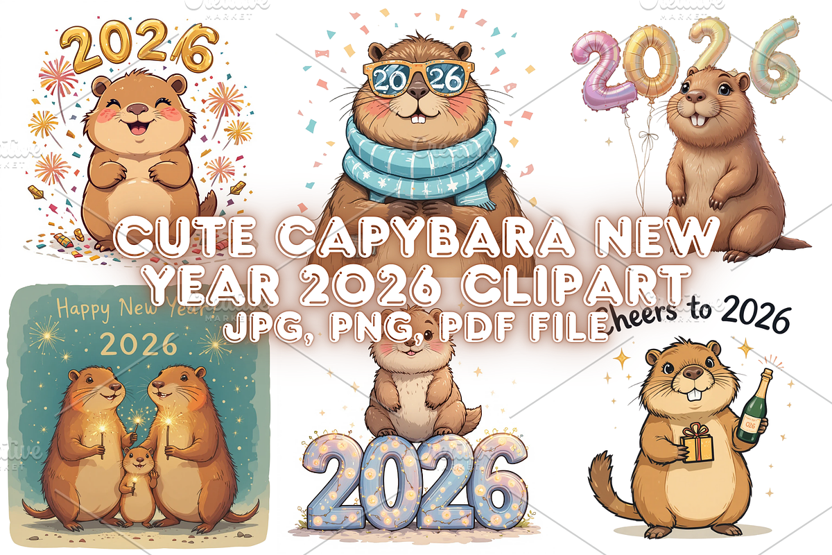 Cute Capybara New Year 2026 clipart, a Seasonal Illustration by Creative design (Photo 1 of 7)